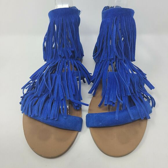Steve Madden Favorit Women Open Toe Suede Gladiator Sandal 6.5 Fringe Boho Blue - Picture 2 of 6